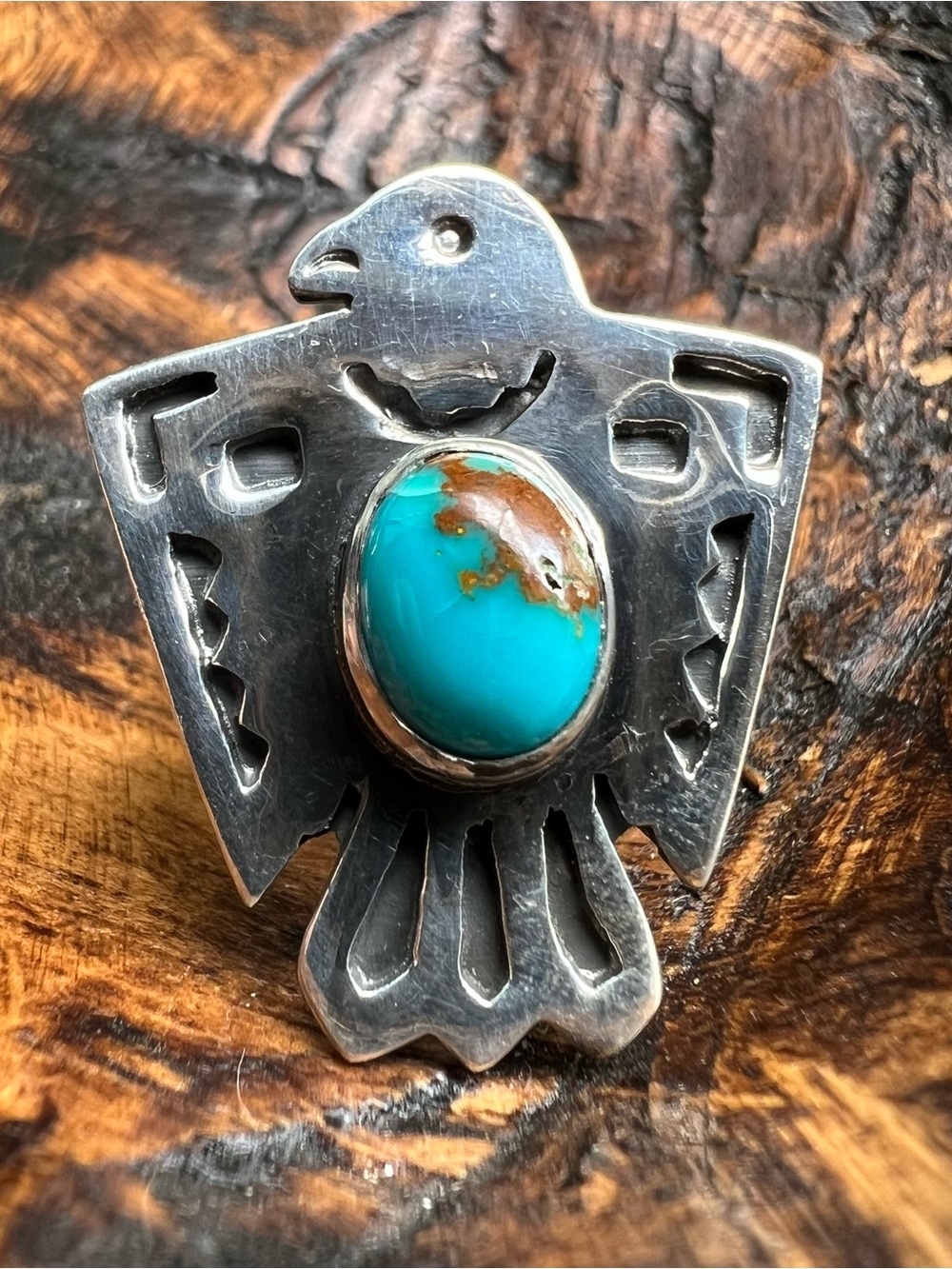 925 Sterling Silver Kingman Turquoise Thunderbird Ring Size 8.5 Southwest